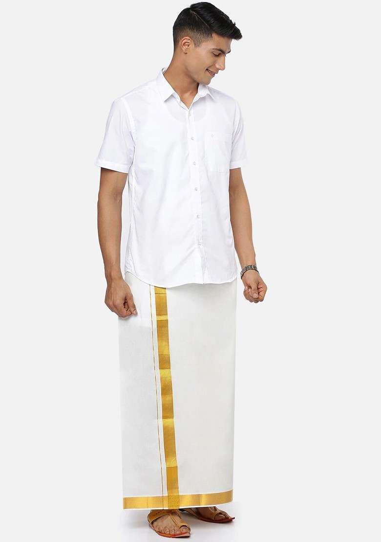 Cream Cotton Solid Gold Jari Border Single Layer Dhoti For Men - Indya
