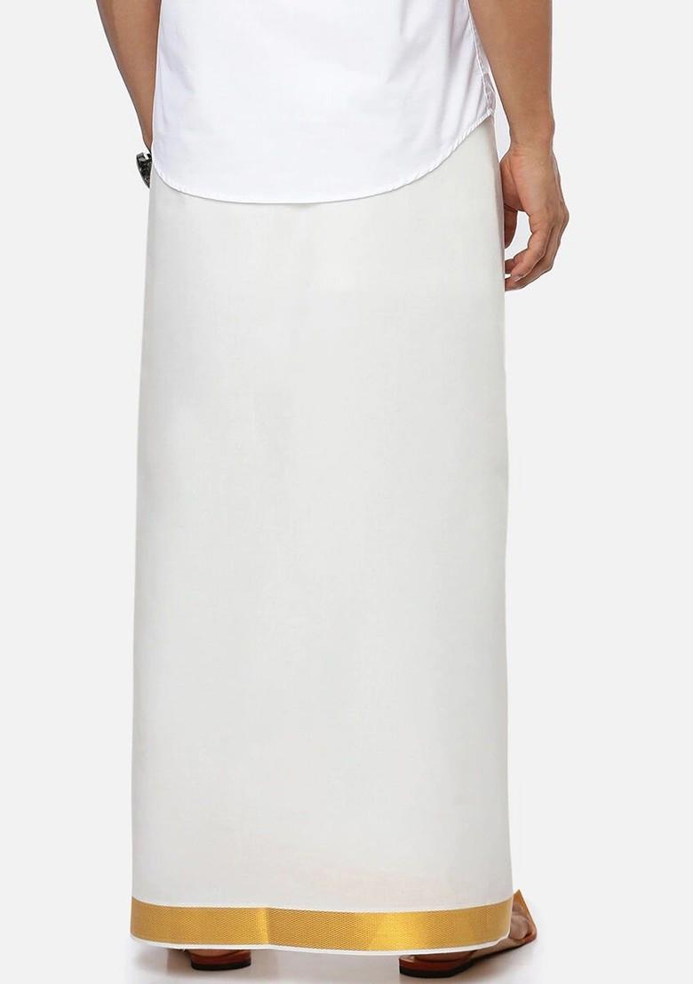 Cream Cotton Solid Gold Jari Border Single Layer Dhoti For Men - Indya
