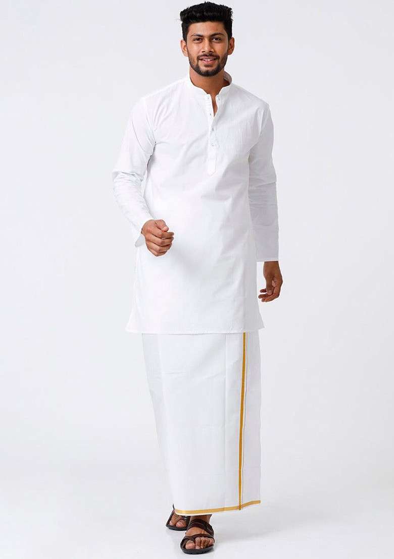 White Mandarin Collar Pure Cotton Straight Kurta With Golden Zari Dhoti For Men - Indya