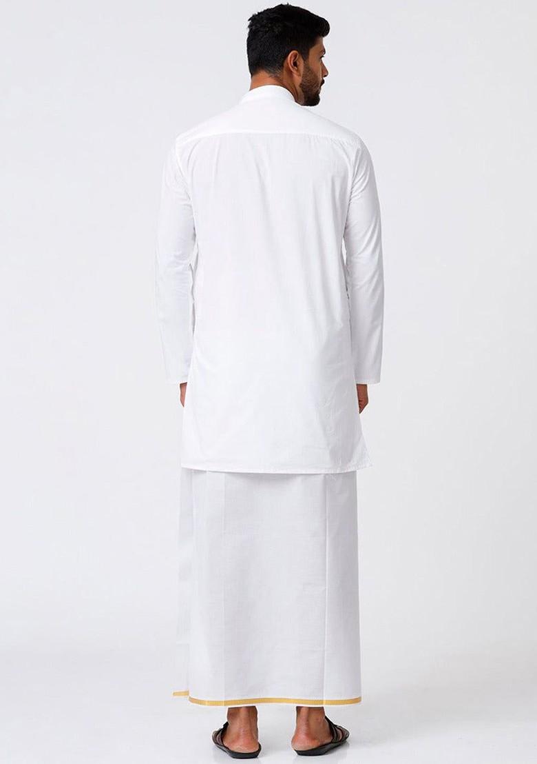 White Mandarin Collar Pure Cotton Straight Kurta With Golden Zari Dhoti For Men - Indya