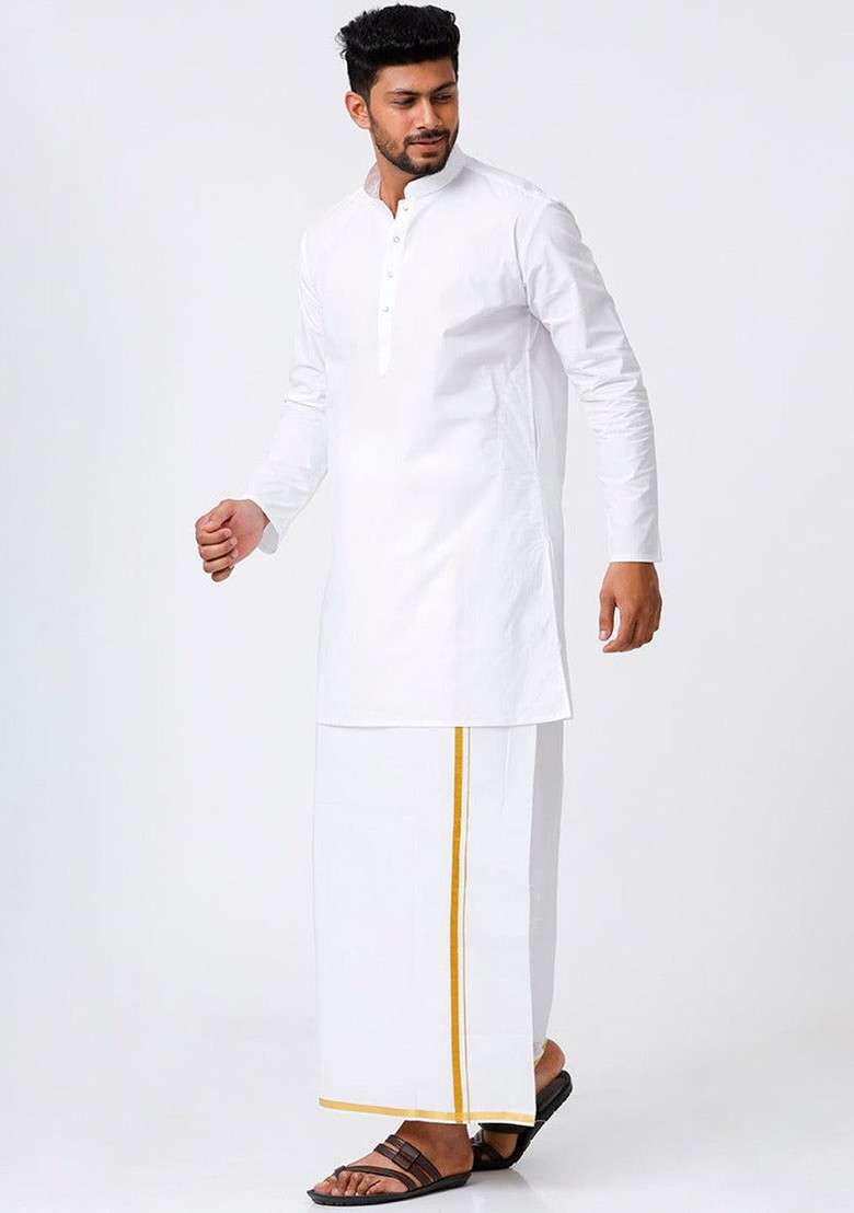 White Mandarin Collar Pure Cotton Straight Kurta With Golden Zari Dhoti For Men - Indya