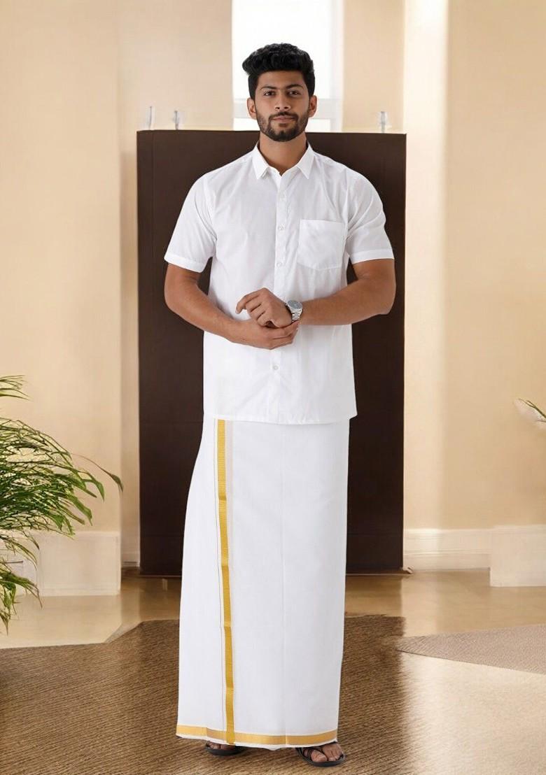 White Pure Cotton Shirt With Golden Zari Border Dhoti For Men