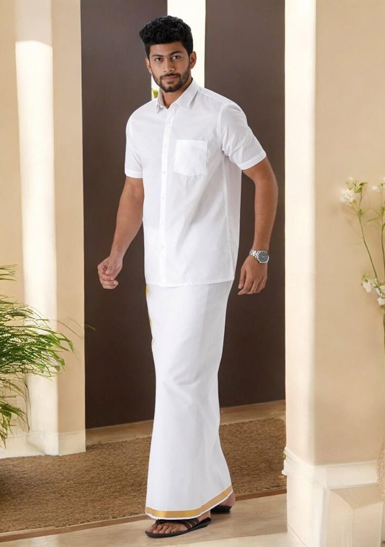 White Pure Cotton Shirt With Golden Zari Border Dhoti For Men
