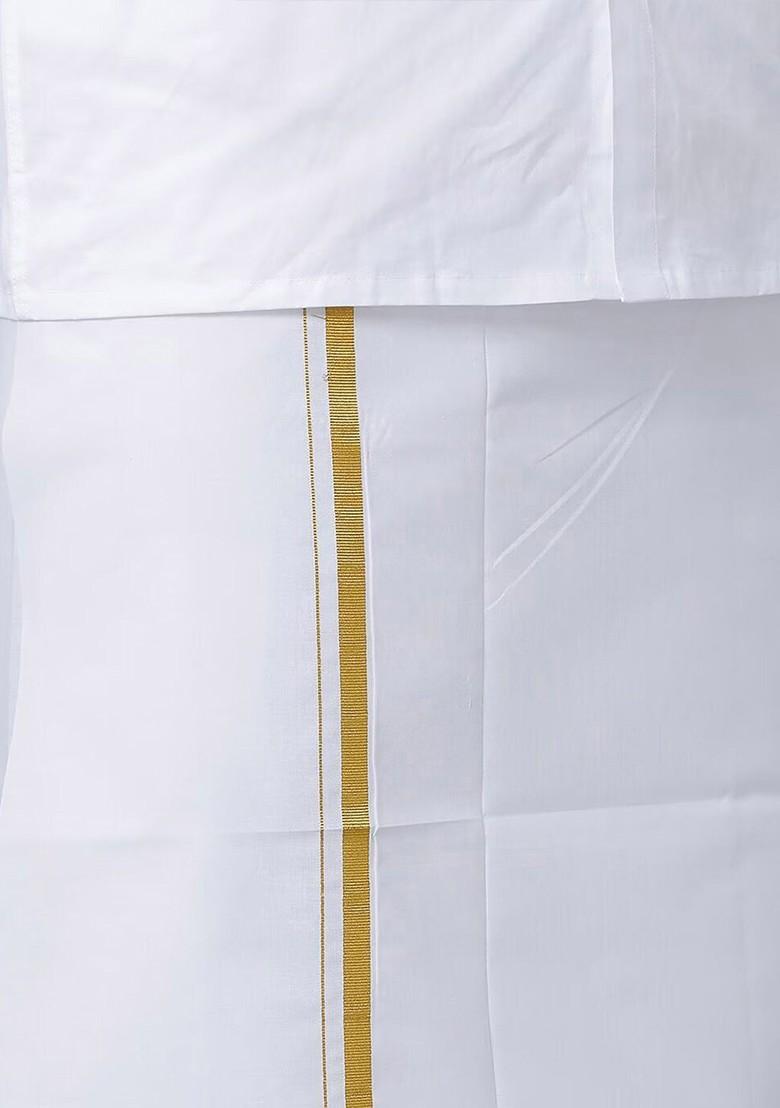 White Pure Cotton Shirt With Golden Zari Border Dhoti For Men - Indya