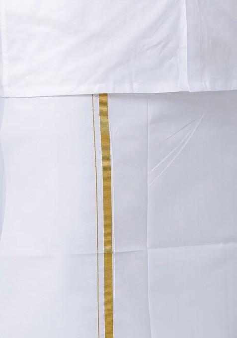 White Pure Cotton Shirt With Golden Zari Border Dhoti For Men