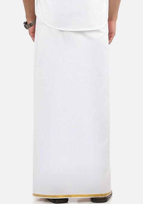 White Pure Cotton Shirt With Golden Zari Border Dhoti For Men