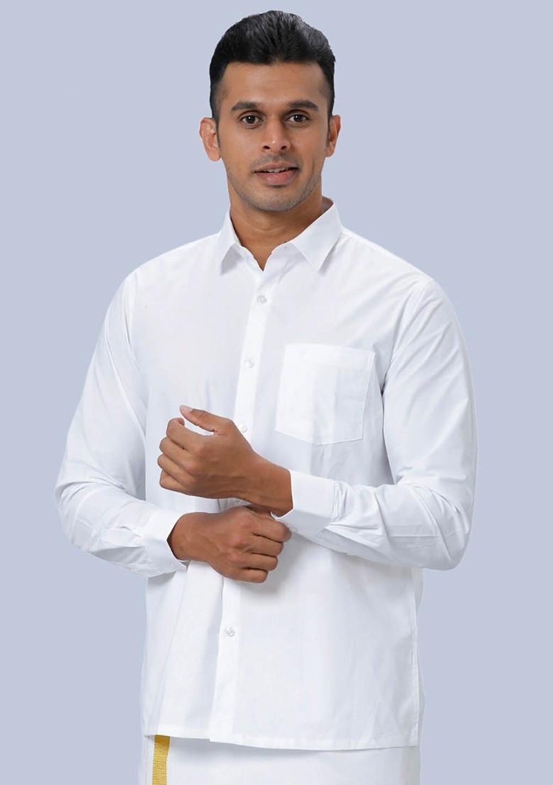 White Long Sleeves Shirt With Zari Border Dhoti For Men