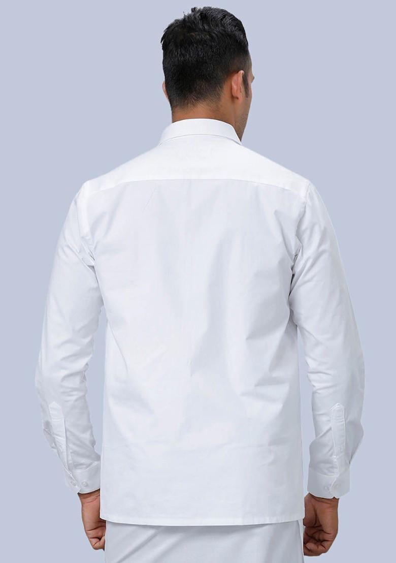White Long Sleeves Shirt With Zari Border Dhoti For Men