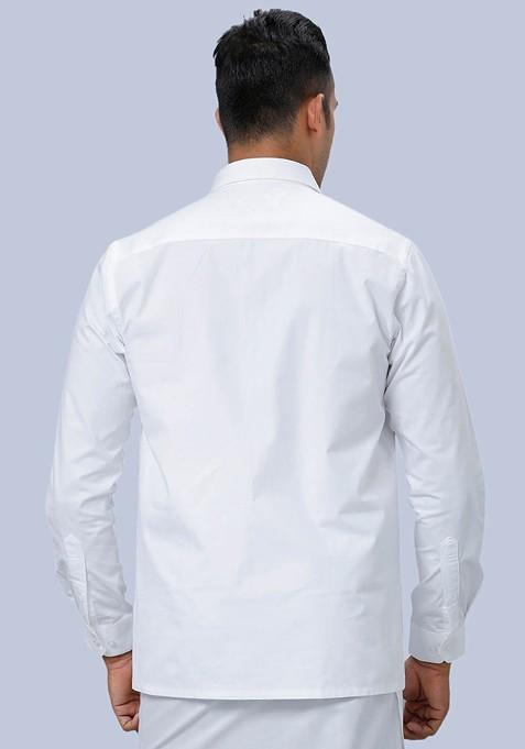 White Long Sleeves Shirt With Zari Border Dhoti For Men