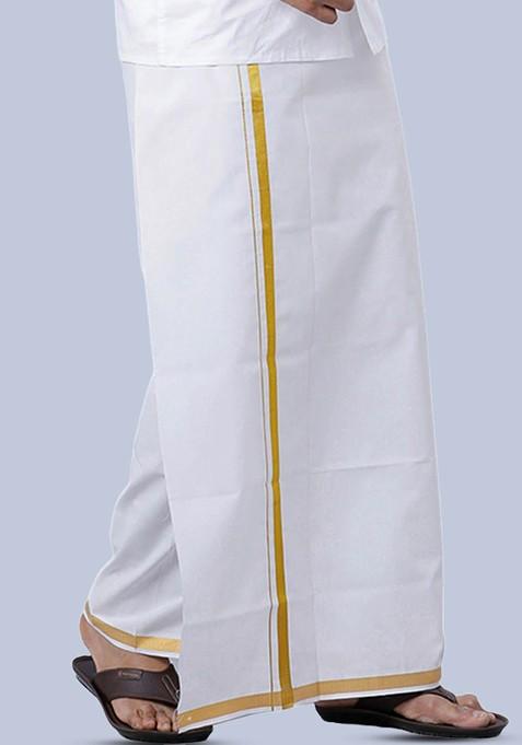 White Long Sleeves Shirt With Zari Border Dhoti For Men