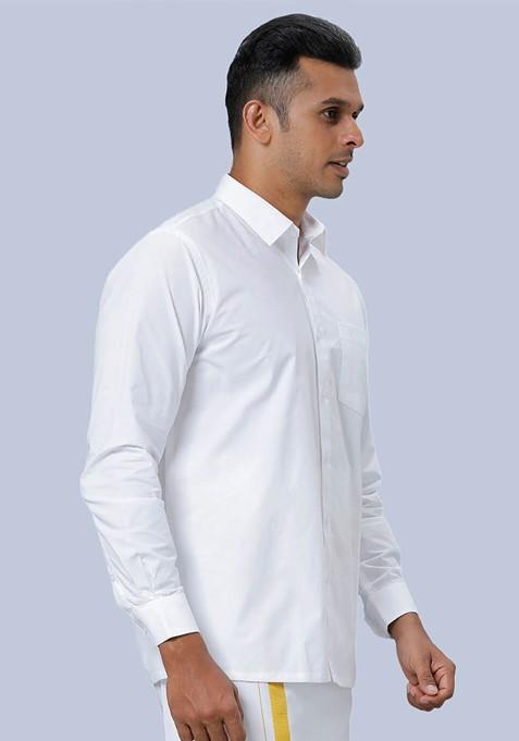 White Long Sleeves Shirt With Zari Border Dhoti For Men