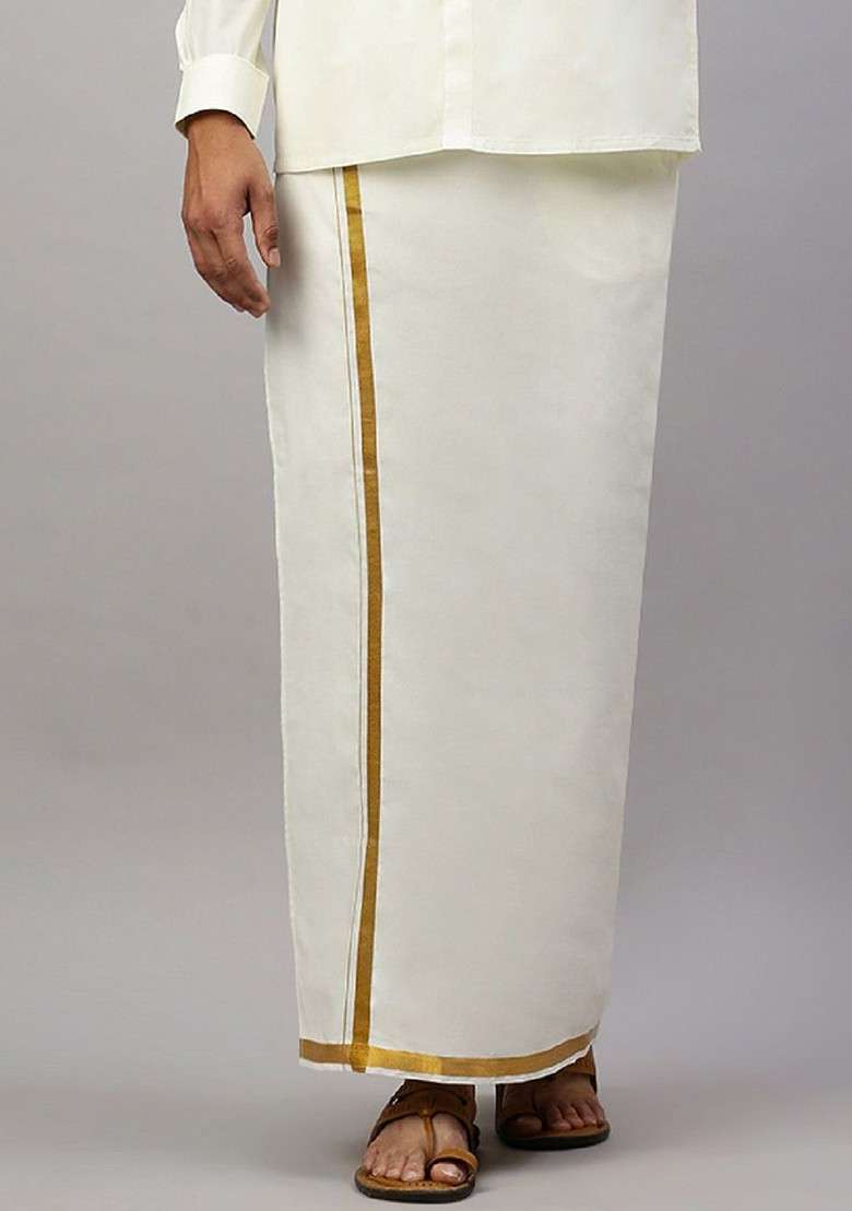 Off White Solid Gold Jari Border Single Layer Cotton Dhoti For Men - Indya