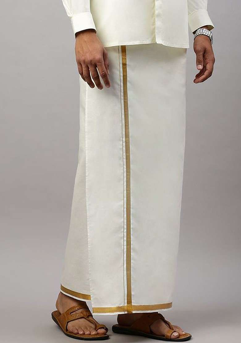 Off White Solid Gold Jari Border Single Layer Cotton Dhoti For Men - Indya