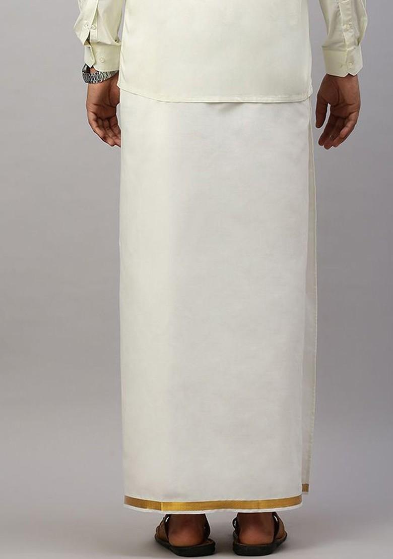 Off White Solid Gold Jari Border Single Layer Cotton Dhoti For Men - Indya