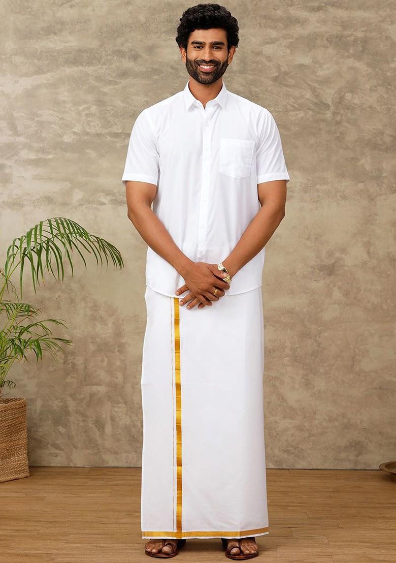 White Cotton Dhoti With Adjustable Pocket Dhoti With Zipper For Men - Indya