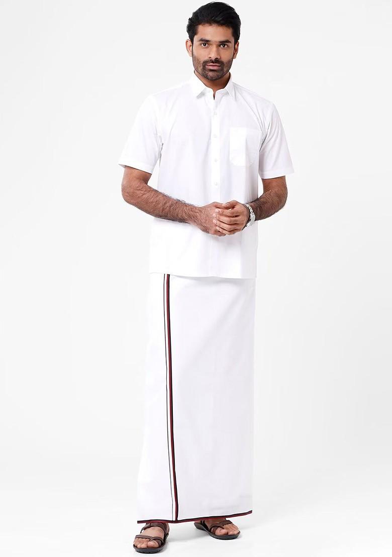 White Solid Single Layer Cotton Dhoti For Men - Indya