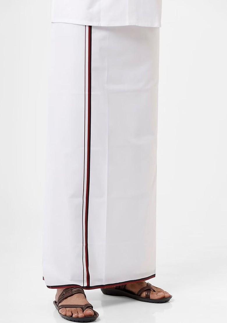 White Solid Single Layer Cotton Dhoti For Men - Indya