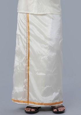 Cream Solid Gold Jari Border Single Layer Dhoti For Men