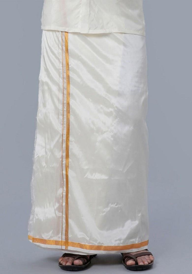 Cream Solid Gold Jari Border Single Layer Dhoti For Men - Indya
