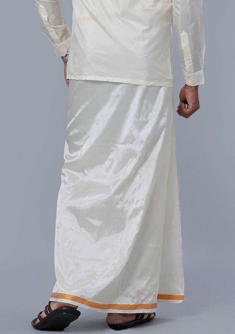 Cream Solid Gold Jari Border Single Layer Dhoti For Men - Indya