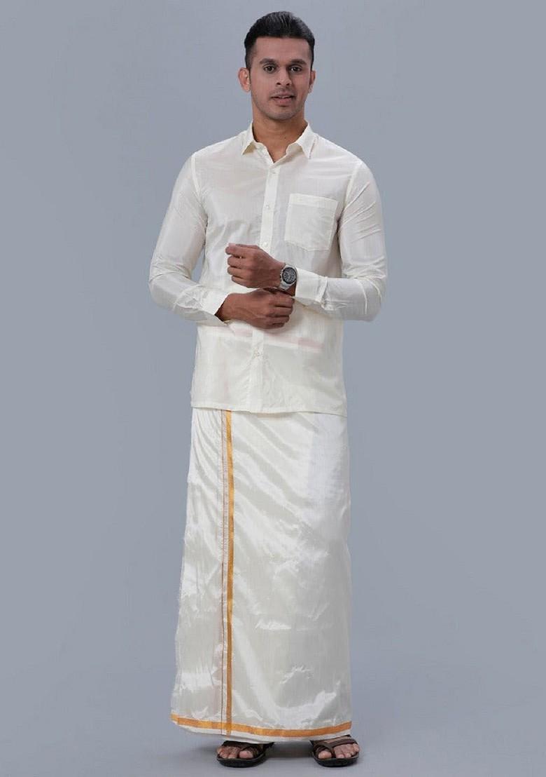 Cream Solid Gold Jari Border Single Layer Dhoti For Men - Indya