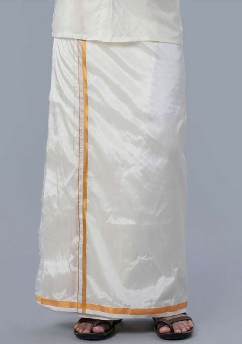 Cream Solid Gold Jari Border Single Layer Dhoti For Men - Indya