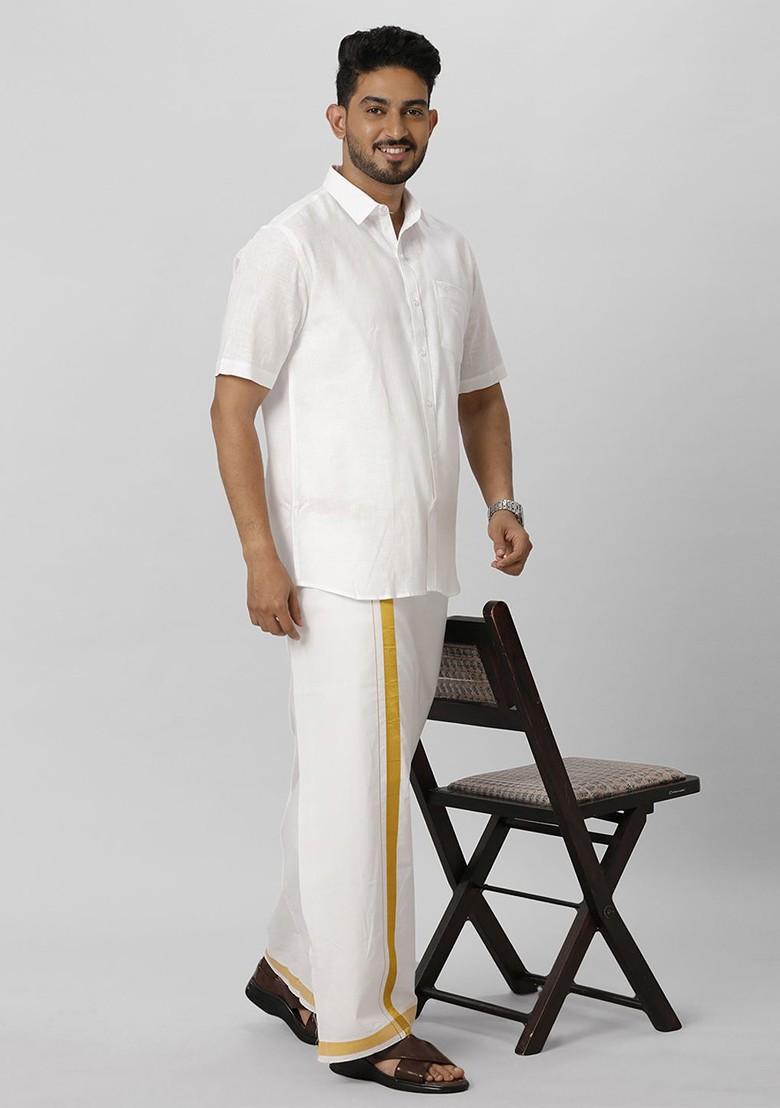 White Pack Of 2 Pure Cotton Dhotis With Zari Border For Men - Indya