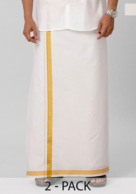 White Pack Of 2 Pure Cotton Dhotis With Zari Border For Men