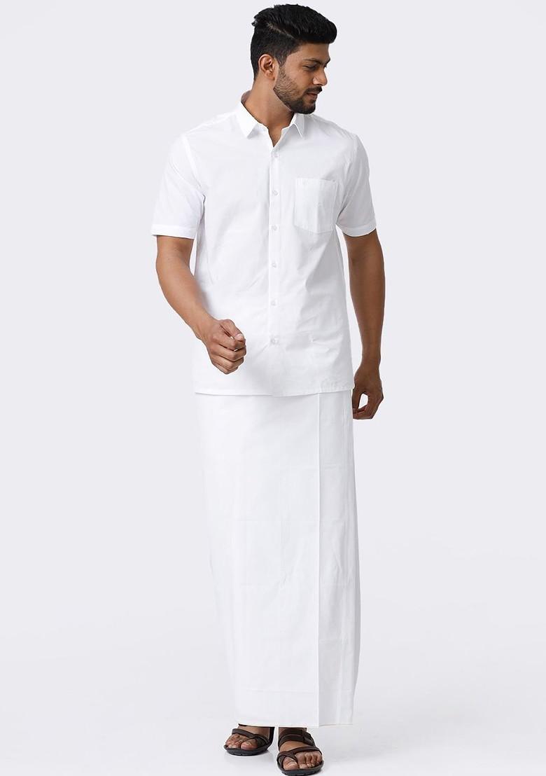 White Solid Single Layer Prayer Cotton Dhoti For Men - Indya