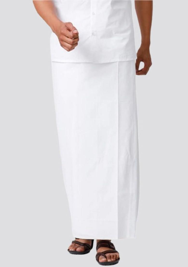 White Cotton Solid Single Layer Prayer Dhoti For Men - Indya