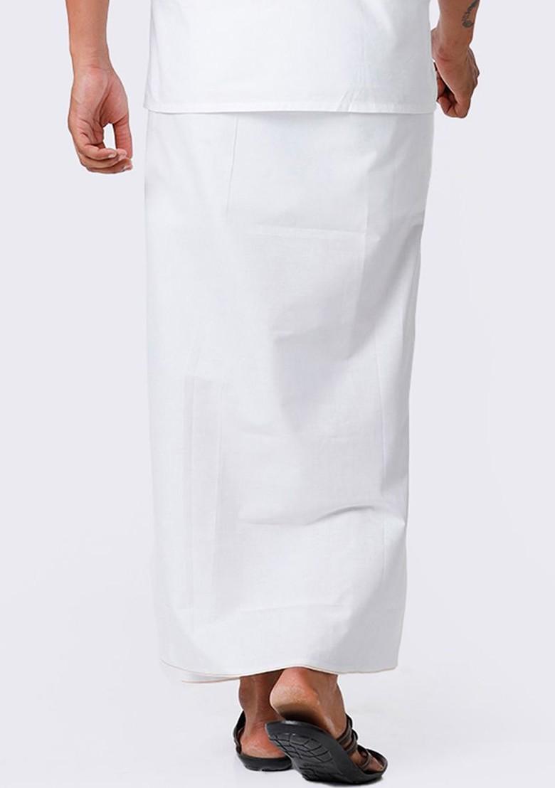 White Cotton Solid Single Layer Prayer Dhoti For Men - Indya