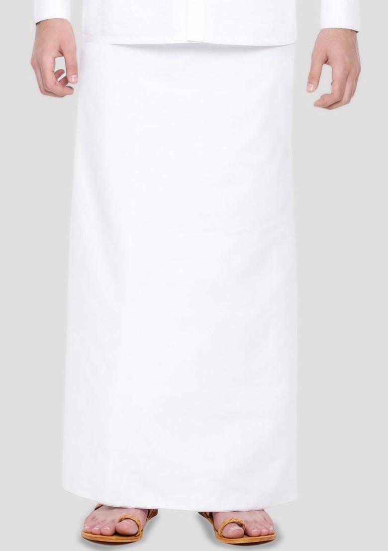White Cotton Solid Single Layer Prayer Dhoti For Men - Indya