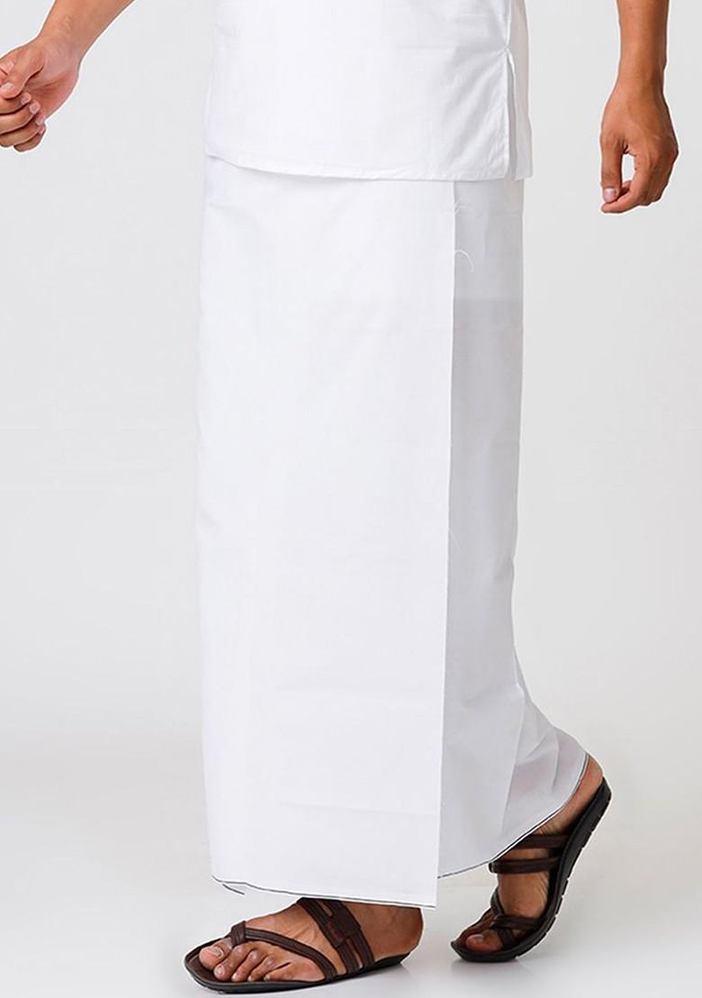 White Cotton Solid Single Layer Prayer Dhoti For Men - Indya