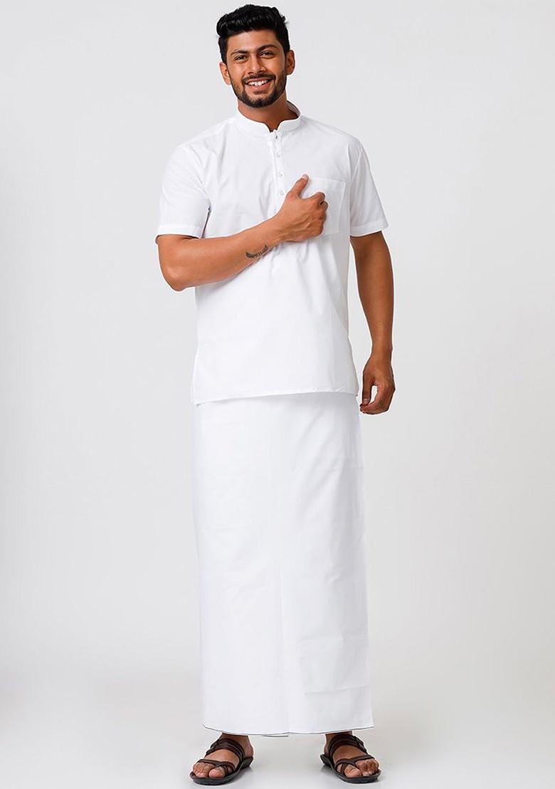 White Cotton Solid Single Layer Prayer Dhoti For Men - Indya