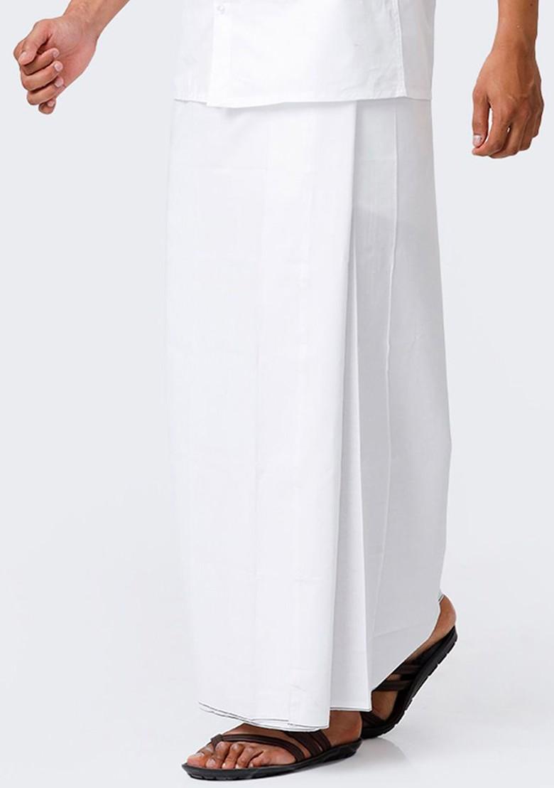 White Cotton Solid Single Layer Prayer Dhoti For Men - Indya