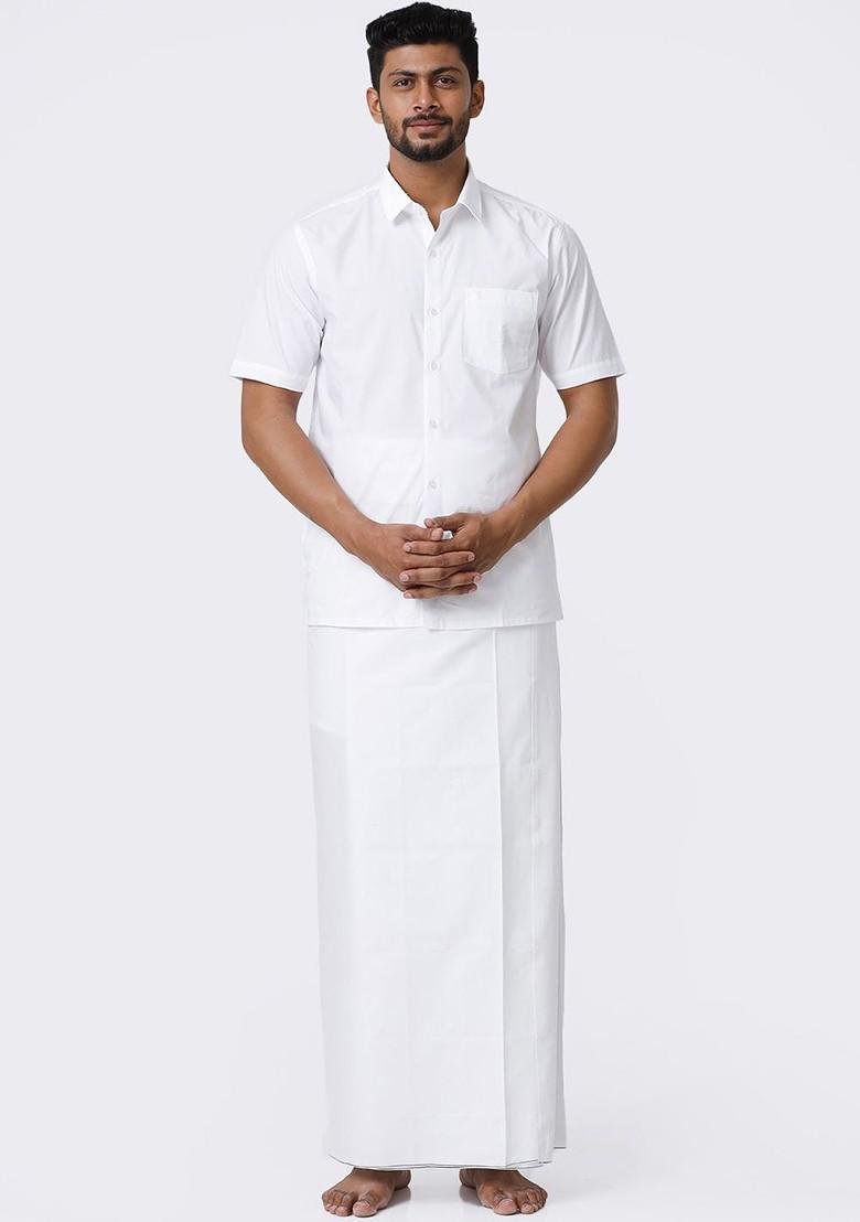White Cotton Solid Single Layer Prayer Dhoti For Men - Indya