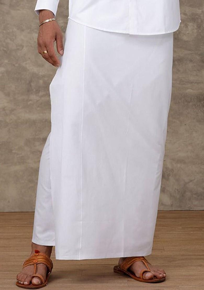 White Cotton Single Layer Dhoti For Men - Indya