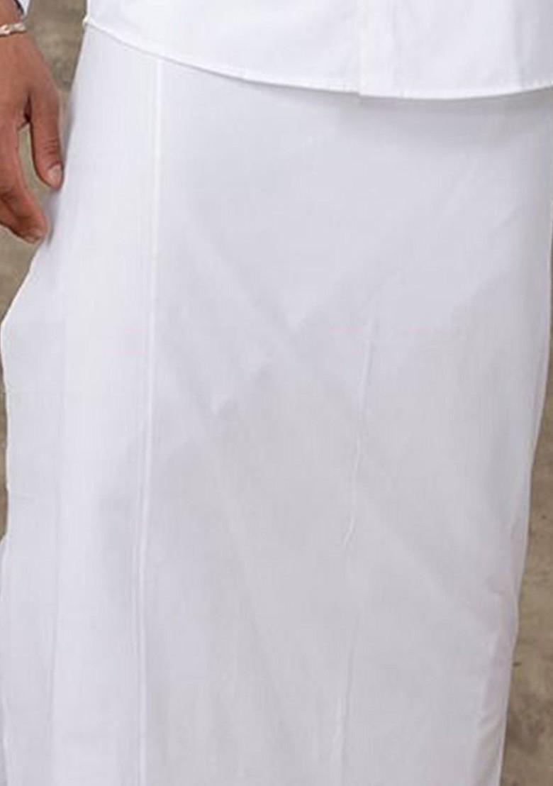 White Cotton Single Layer Dhoti For Men - Indya