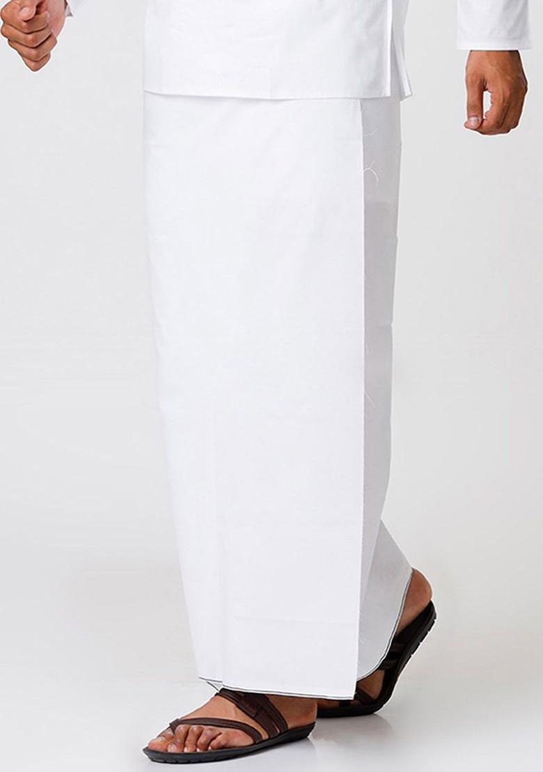 White Solid Single Layer Cotton Prayer Dhoti For Men - Indya