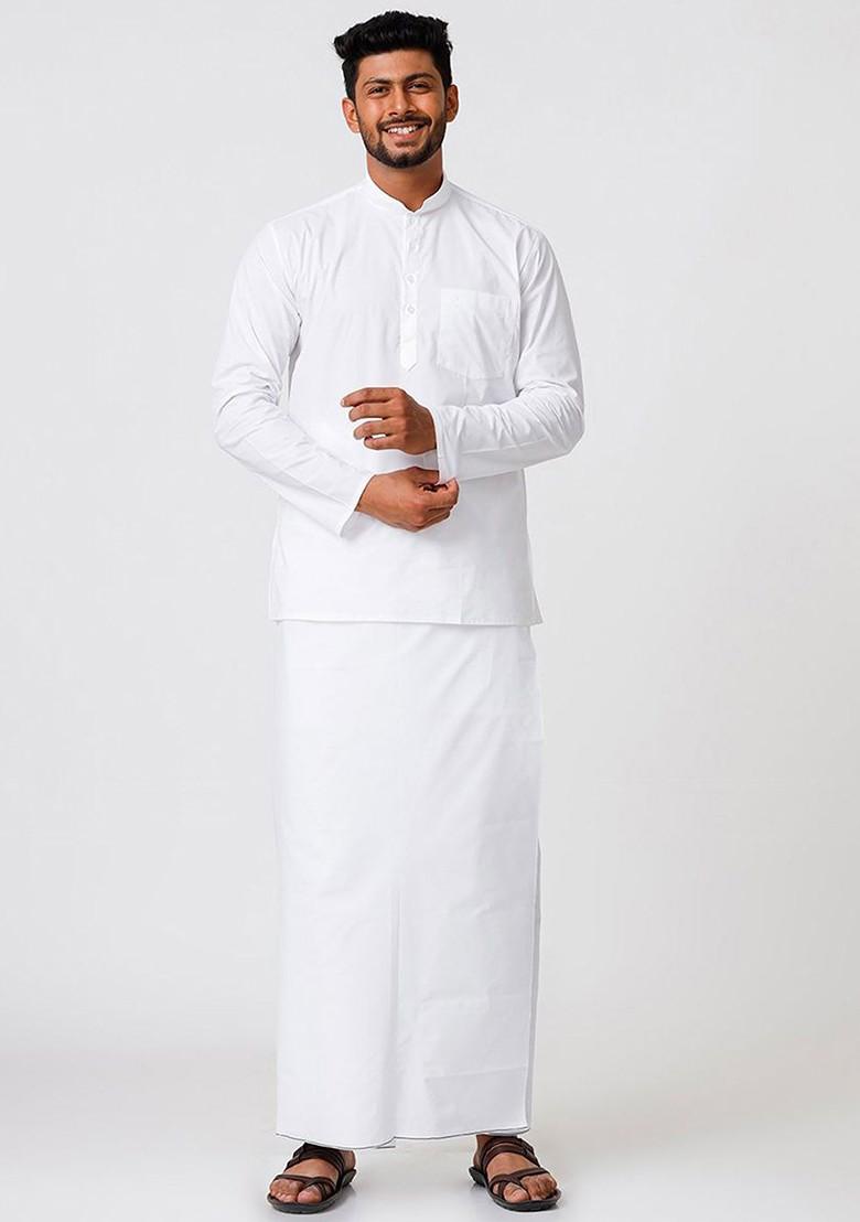 White Solid Single Layer Cotton Prayer Dhoti For Men - Indya