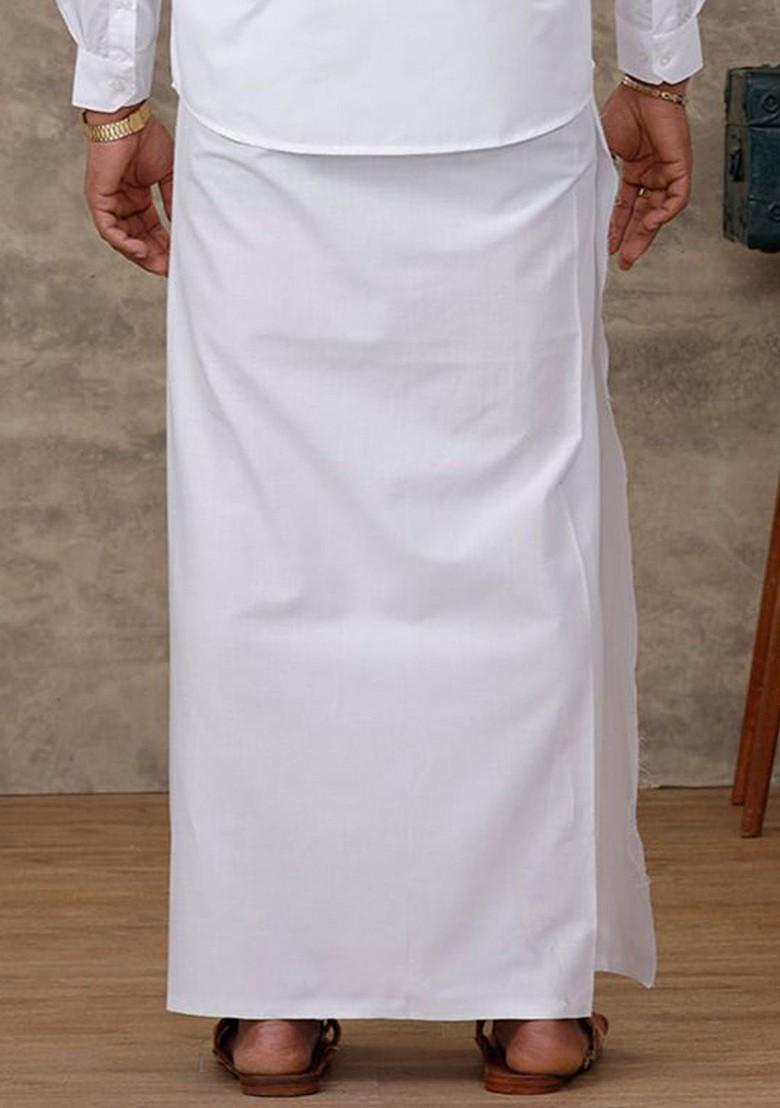 White Cotton White Solid Single Layer Prayer Dhoti For Men - Indya