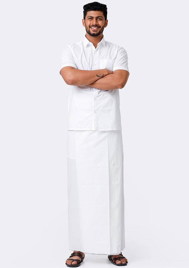 White Cotton Solid Single Layer Prayer Dhoti For Men - Indya