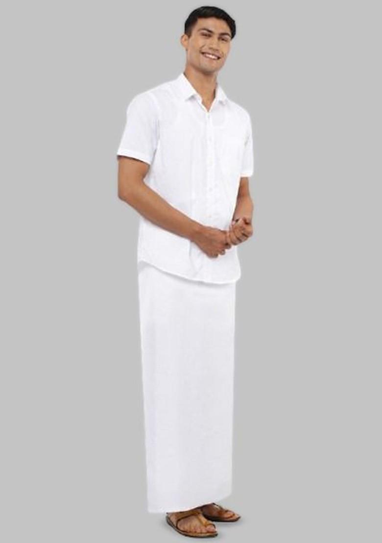 White Solid Single Layer Cotton Prayer Dhoti For Men - Indya