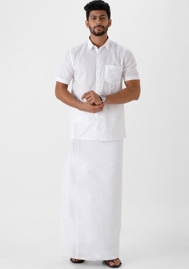 White Cotton White Solid Prayer Dhoti Double Layer Dhoti For Men - Indya