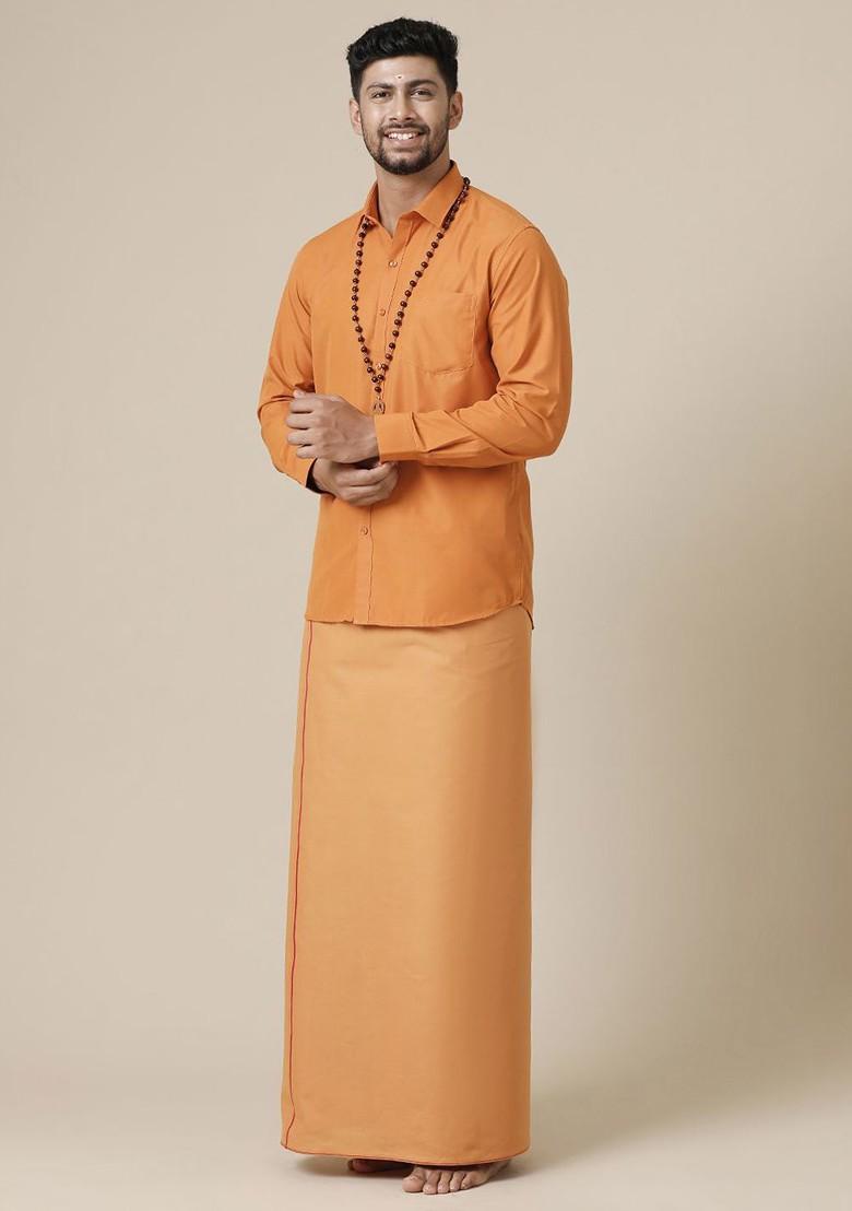 Brown Solid Full Sleeve Shirt With Dhoti For Men