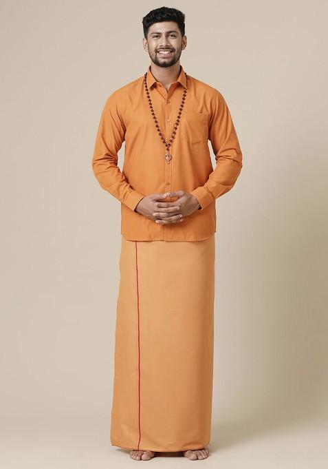 Brown Solid Full Sleeve Shirt With Dhoti For Men
