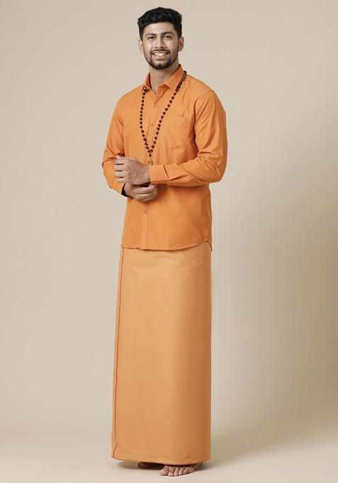 Brown Solid Full Sleeve Shirt With Dhoti For Men