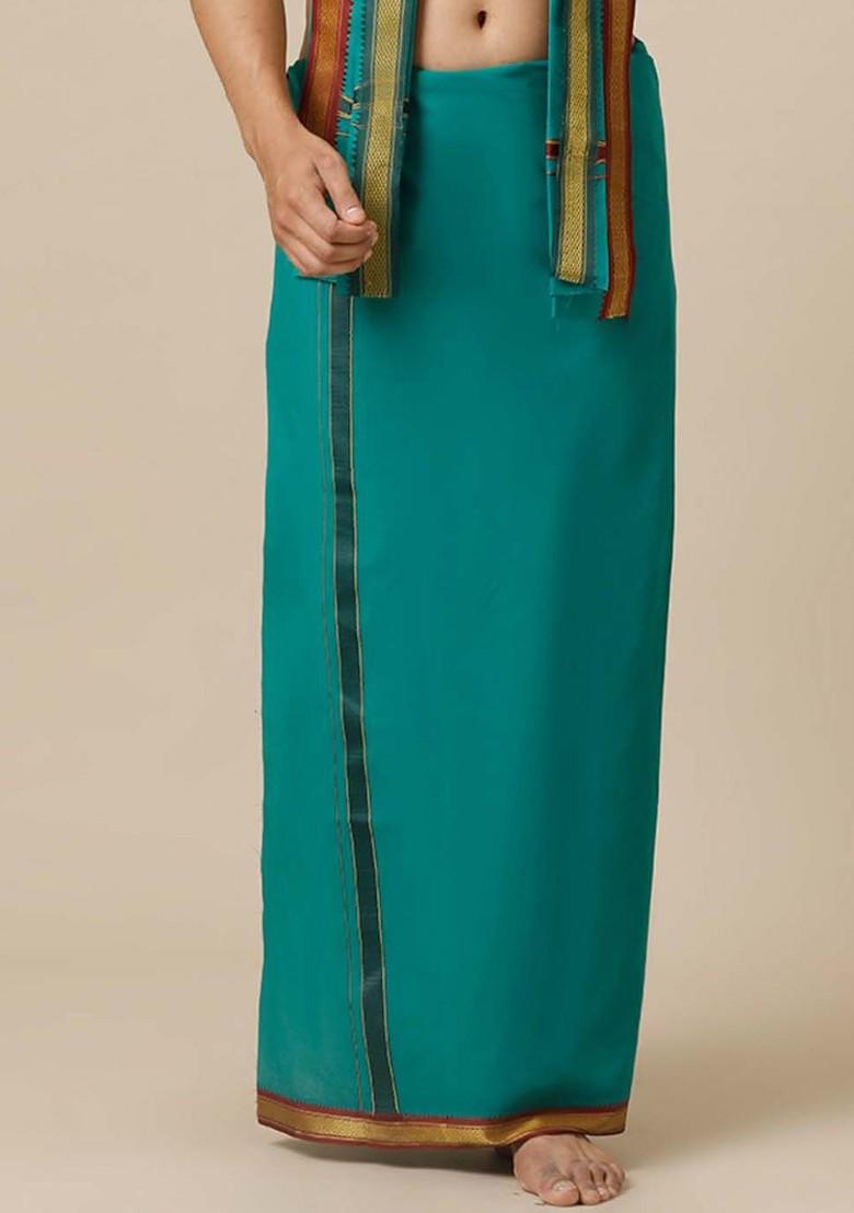 Green Cotton Green Solid Devotional Single Layer Dhoti With Mayilkhan Border For Men - Indya