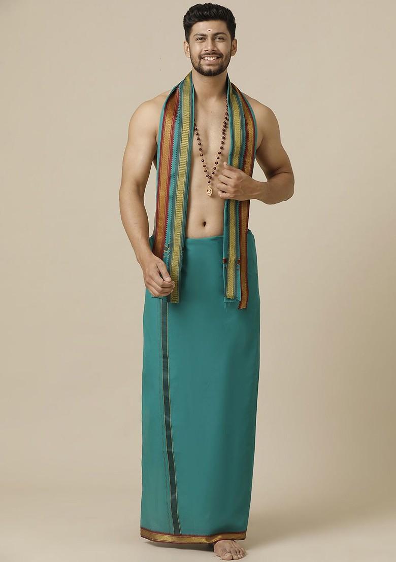 Green Cotton Green Solid Devotional Single Layer Dhoti With Mayilkhan Border For Men - Indya