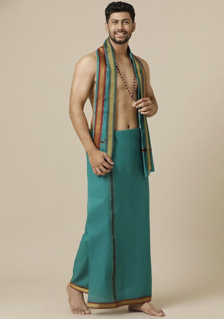 Green Cotton Green Solid Devotional Single Layer Dhoti With Mayilkhan Border For Men